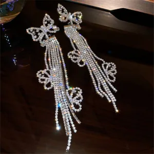 Fancy Long Tassel Rhinestone Drop Butterfly Earrings - Crystal Dangle