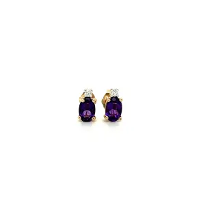 Oval Amethyst Stud Earrings with Accent Diamonds in 14K Yellow Gold