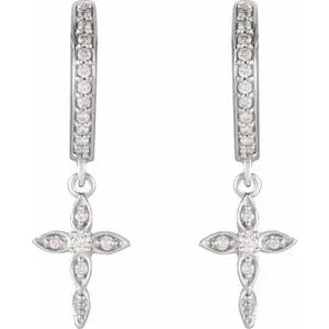 14K White Gold 1/8 CTW Natural Diamond Cross Hoop Earrings