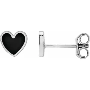 14K White Gold Black Enamel Heart Earrings