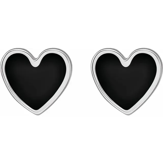 14K White Gold Black Enamel Heart Earrings