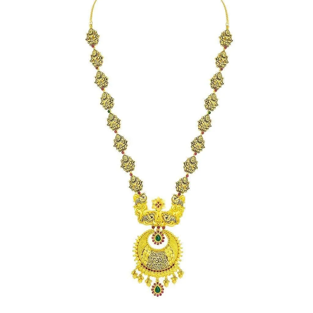 22K Yellow Gold Necklace & Earrings Set W/ Emerald, Ruby, Laxmi Accent Chain and Chandbali Pendant