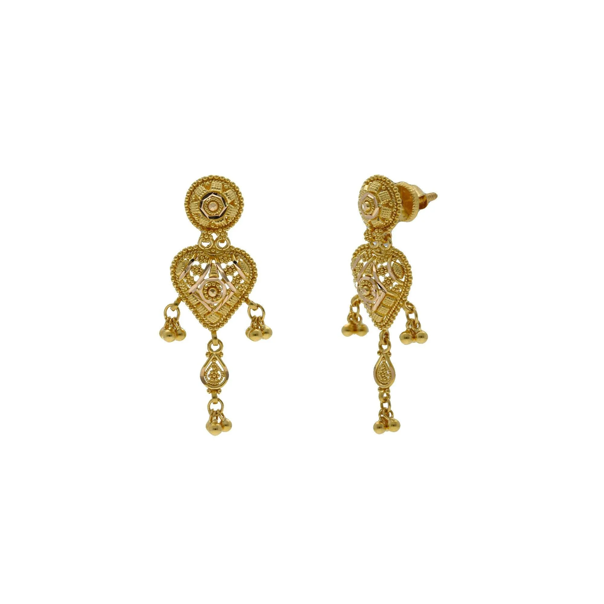 22K Yellow Gold Pendant & Earrings Set W/ Spindle Frame, Filigree & Drop Gold Balls