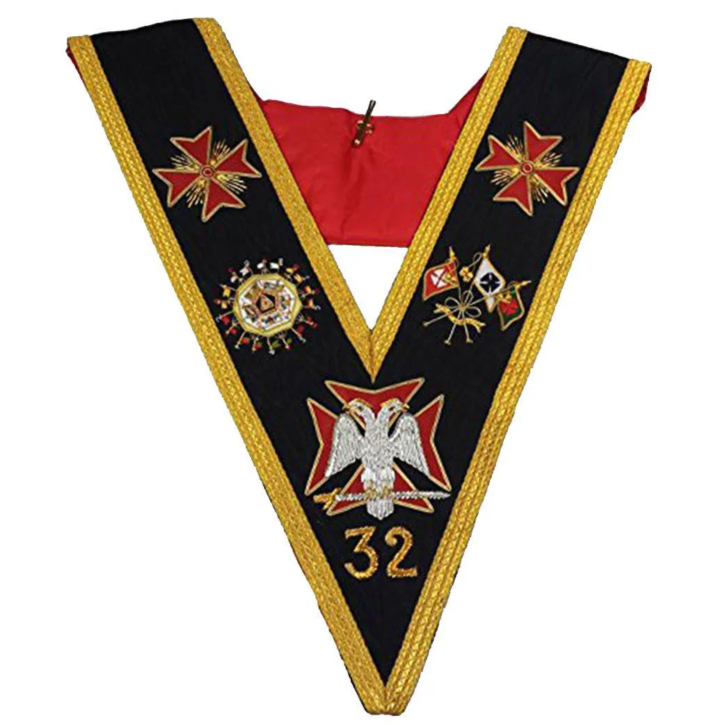 32nd Degree Scottish Rite Collar - Black with Gold and Silver Heavy Embroidery