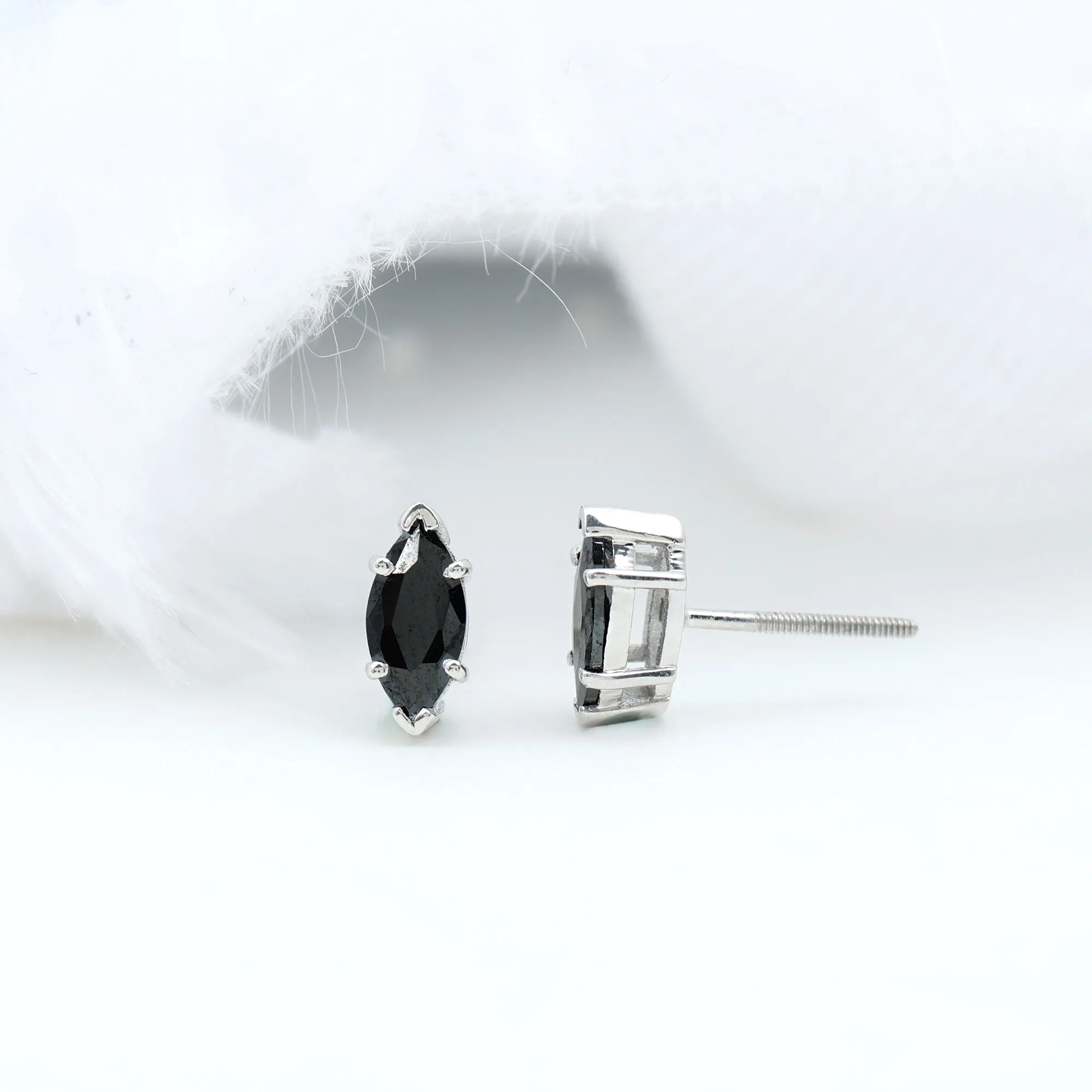 8X4 MM Marquise Cut Created Black Diamond Solitaire Stud Earring