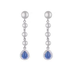 925 Silver Blue Pearl Tassel Drop Earrings