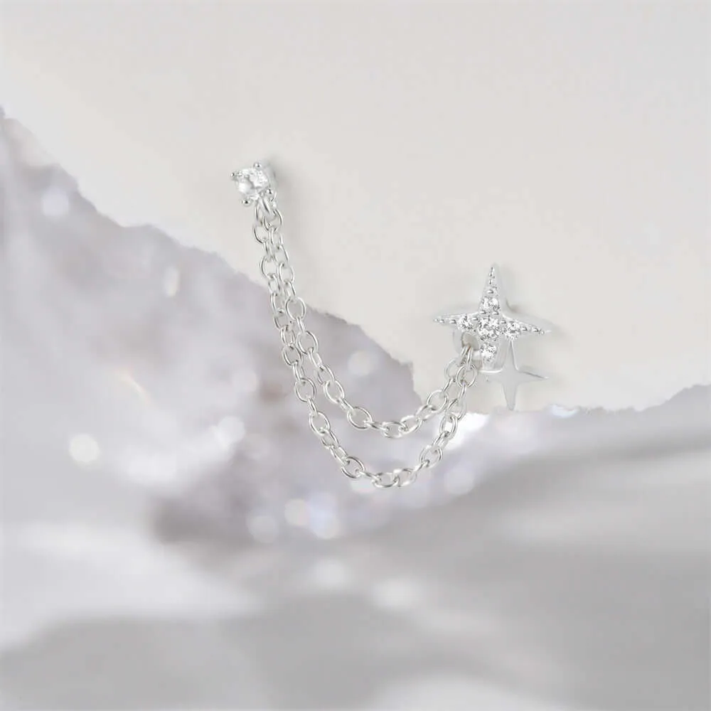 925 Silver Double Star Tassel Earrings CZ Diamond