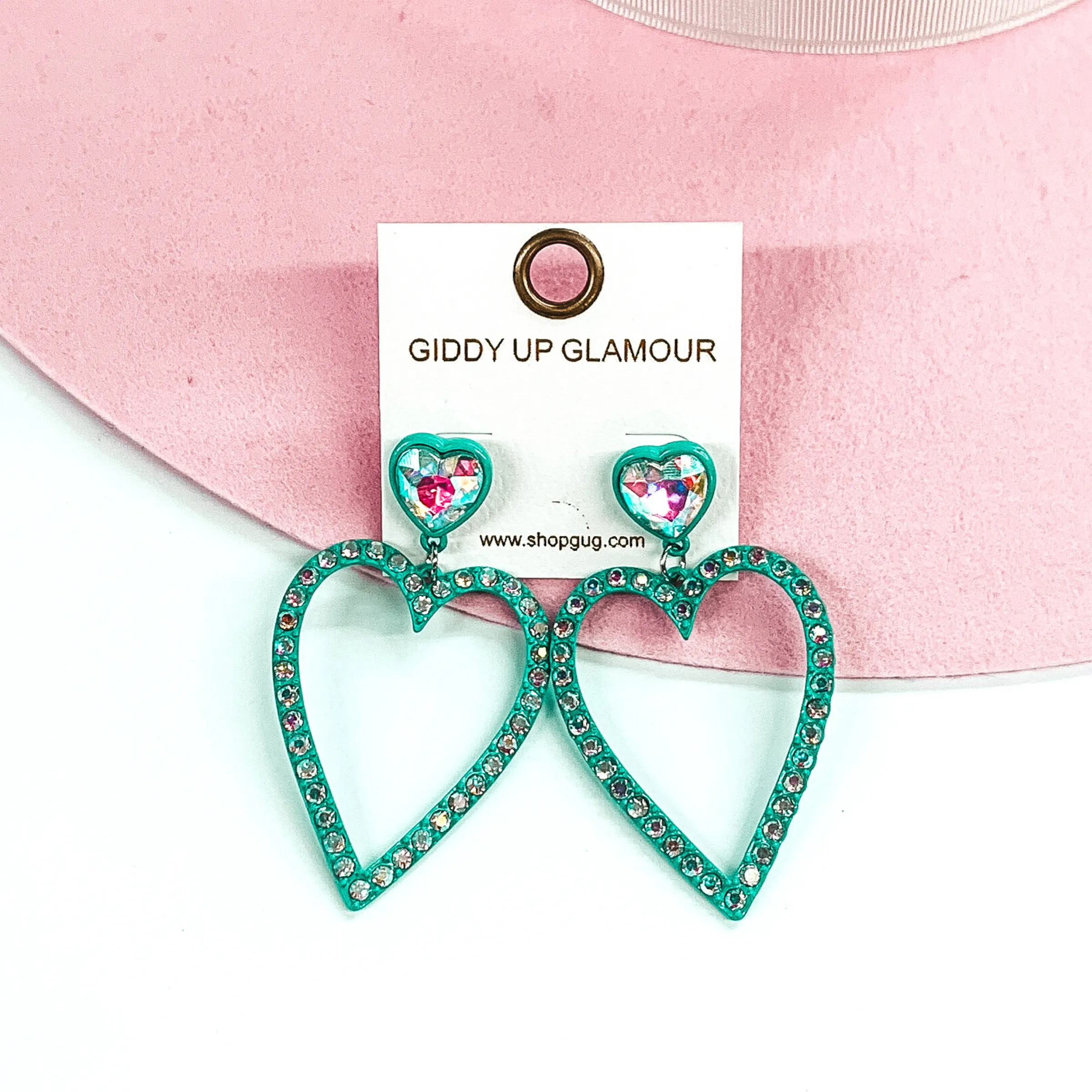 AB Crystal Heart Outline Earrings in Turquoise