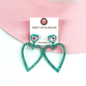 AB Crystal Heart Outline Earrings in Turquoise