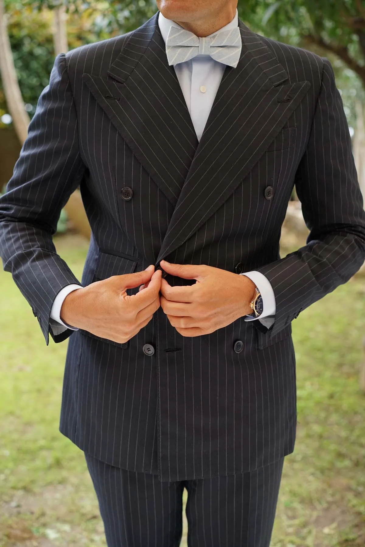 Baby Blue Wide Pinstripe Linen Bow Tie