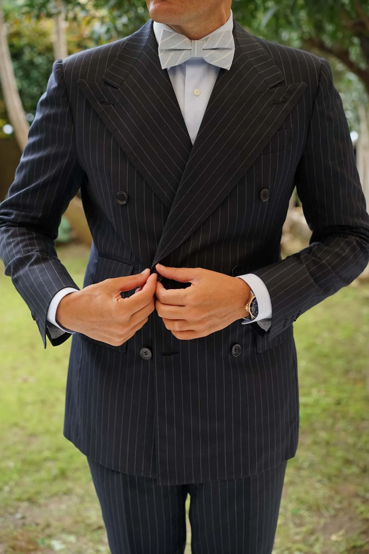 Baby Blue Wide Pinstripe Linen Bow Tie