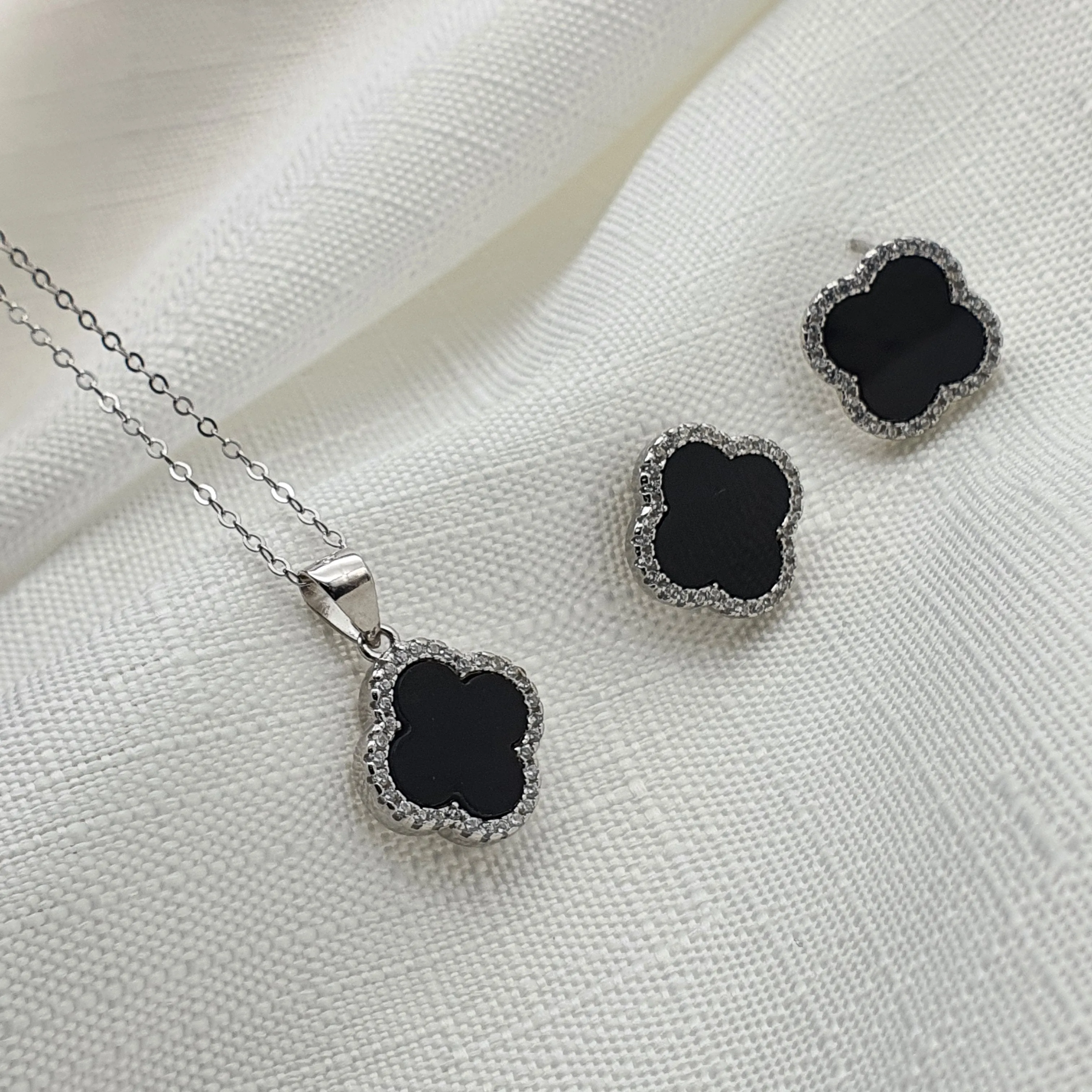 Black Agate 4 Leaf Clover Jewellery Set, Sterling Silver