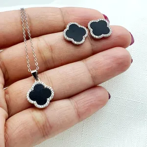 Black Agate 4 Leaf Clover Jewellery Set, Sterling Silver