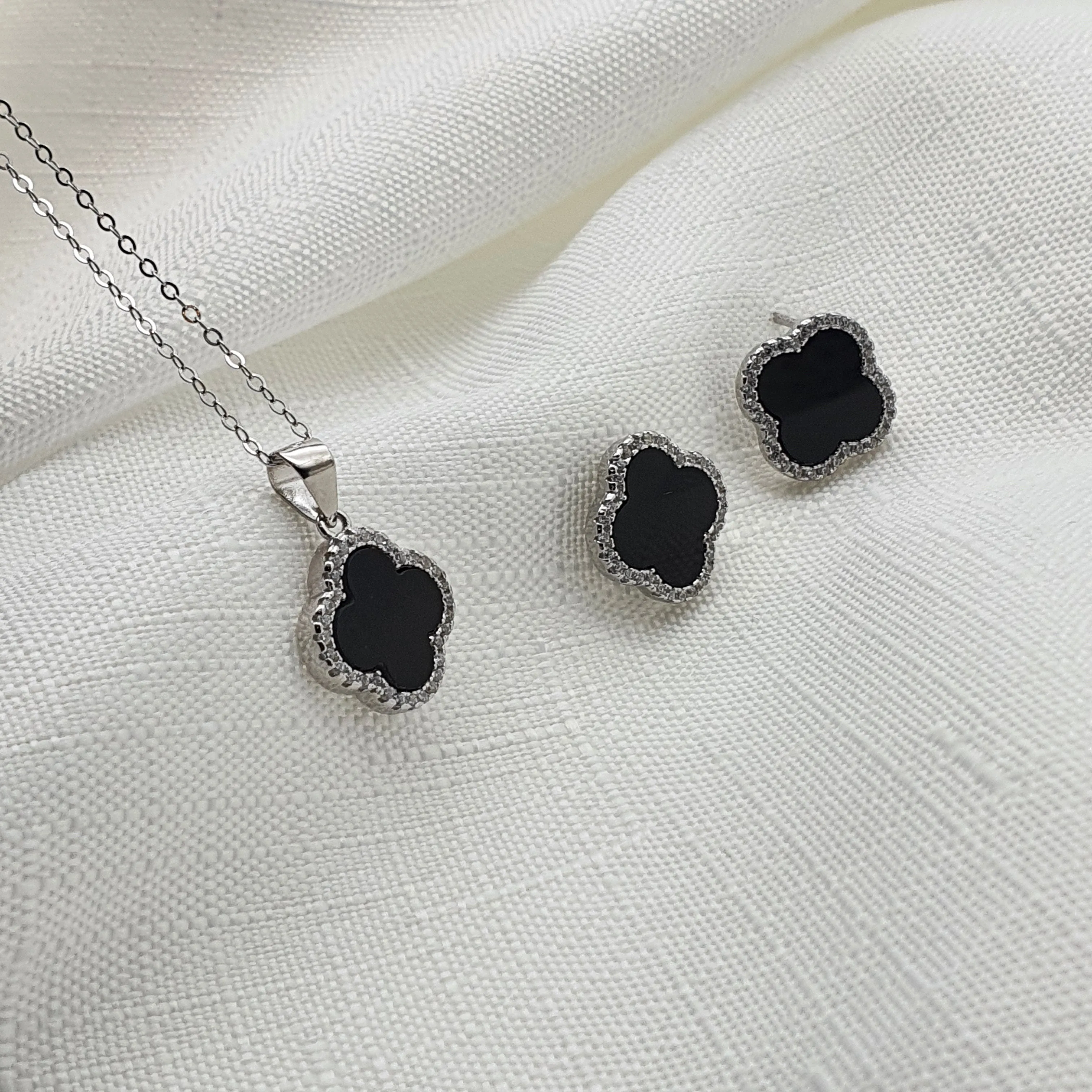 Black Agate 4 Leaf Clover Jewellery Set, Sterling Silver