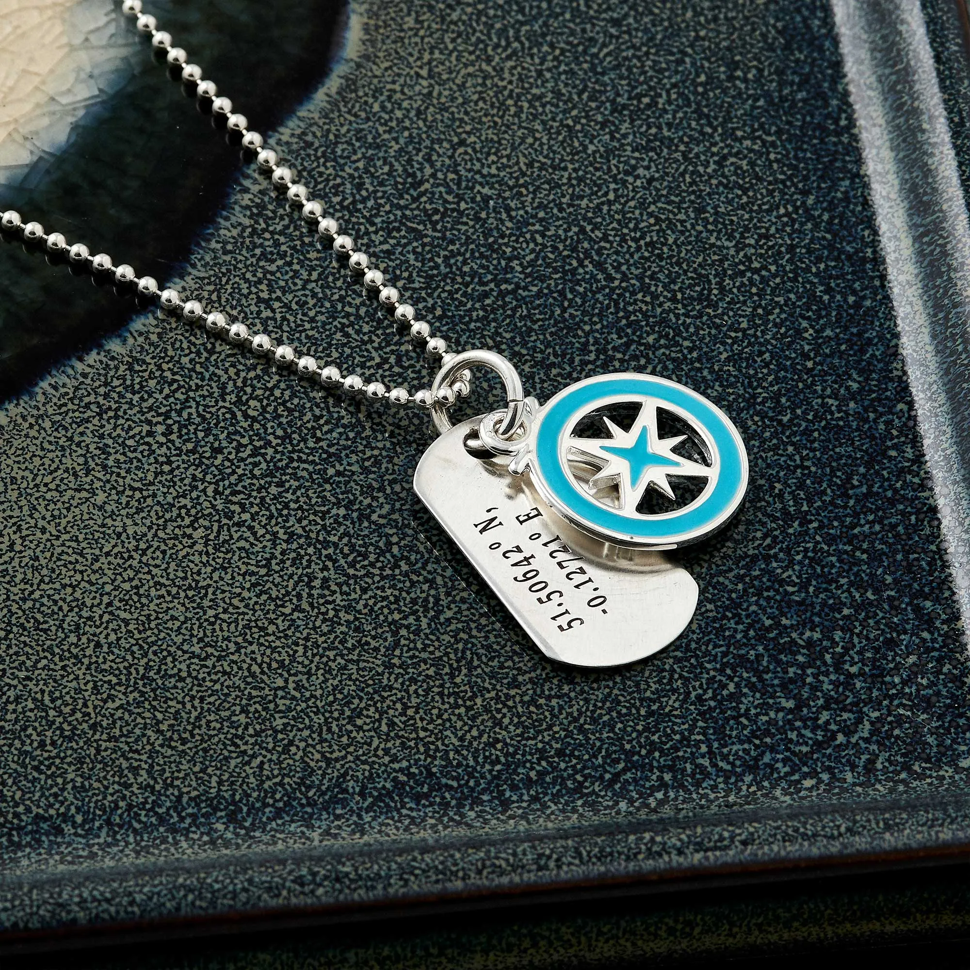 Enamel Compass Coordinates Dog Tag Silver Necklace