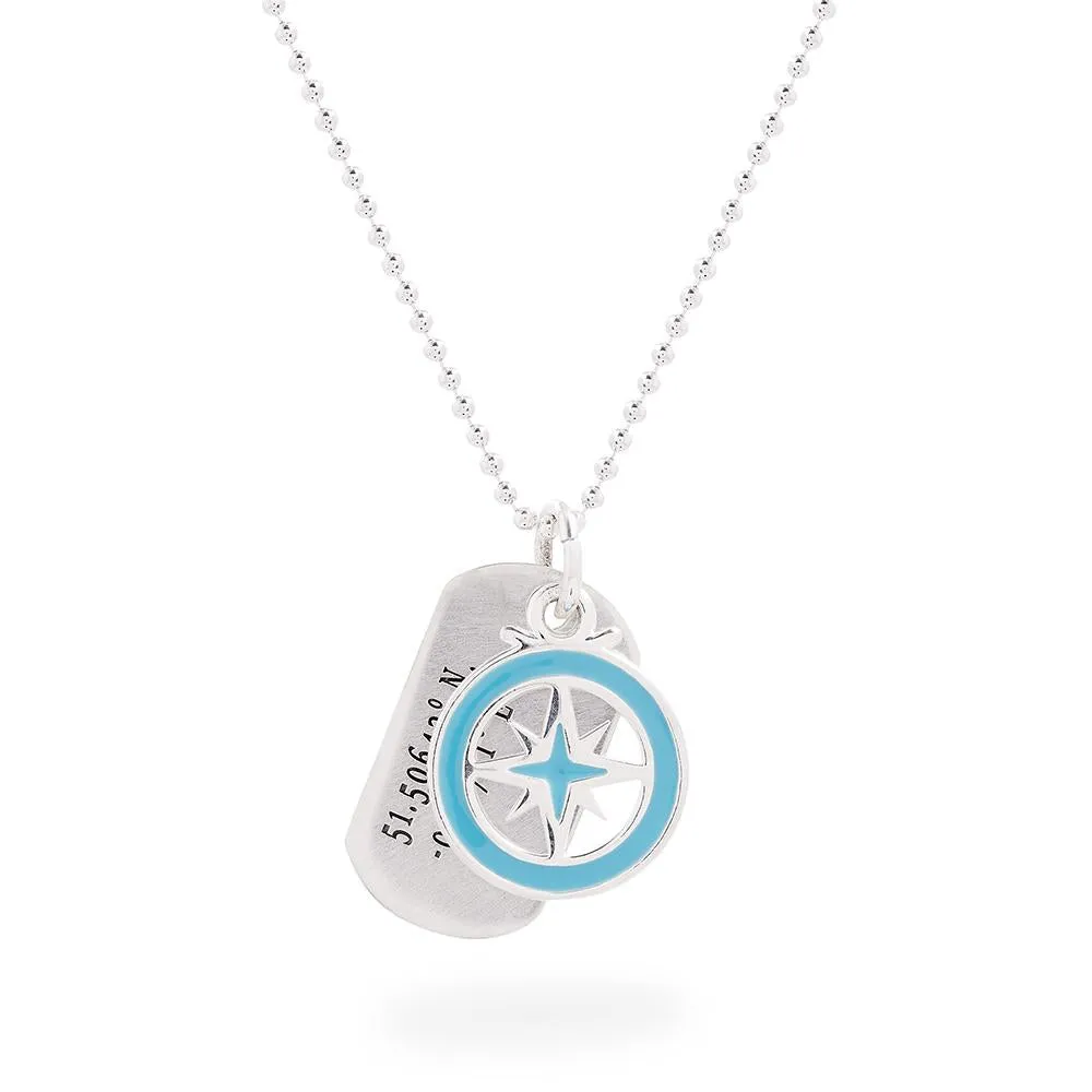 Enamel Compass Coordinates Dog Tag Silver Necklace