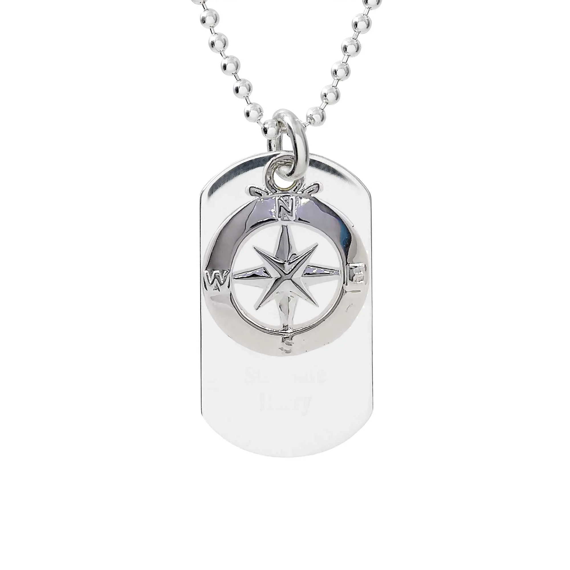 Enamel Compass Coordinates Dog Tag Silver Necklace