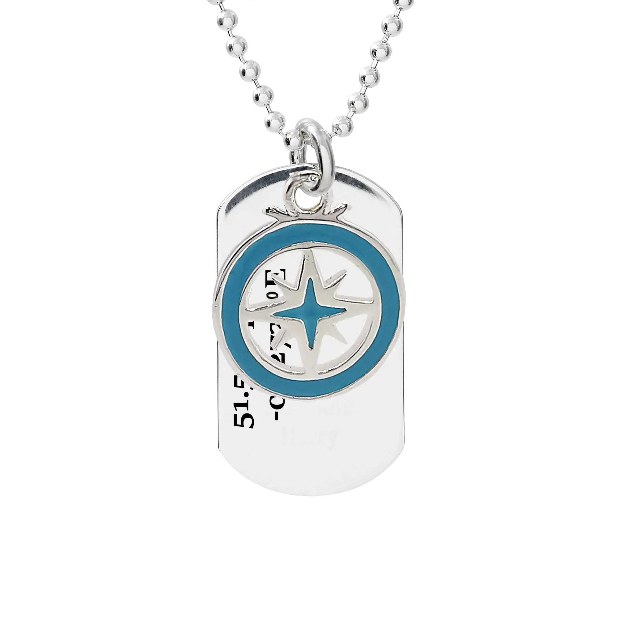 Enamel Compass Coordinates Dog Tag Silver Necklace