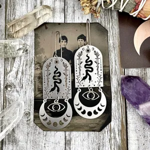 Gemini Snake Moon Sun Eye Black Agate Earrings Sterling Silver & Stainless Steel Earrings /