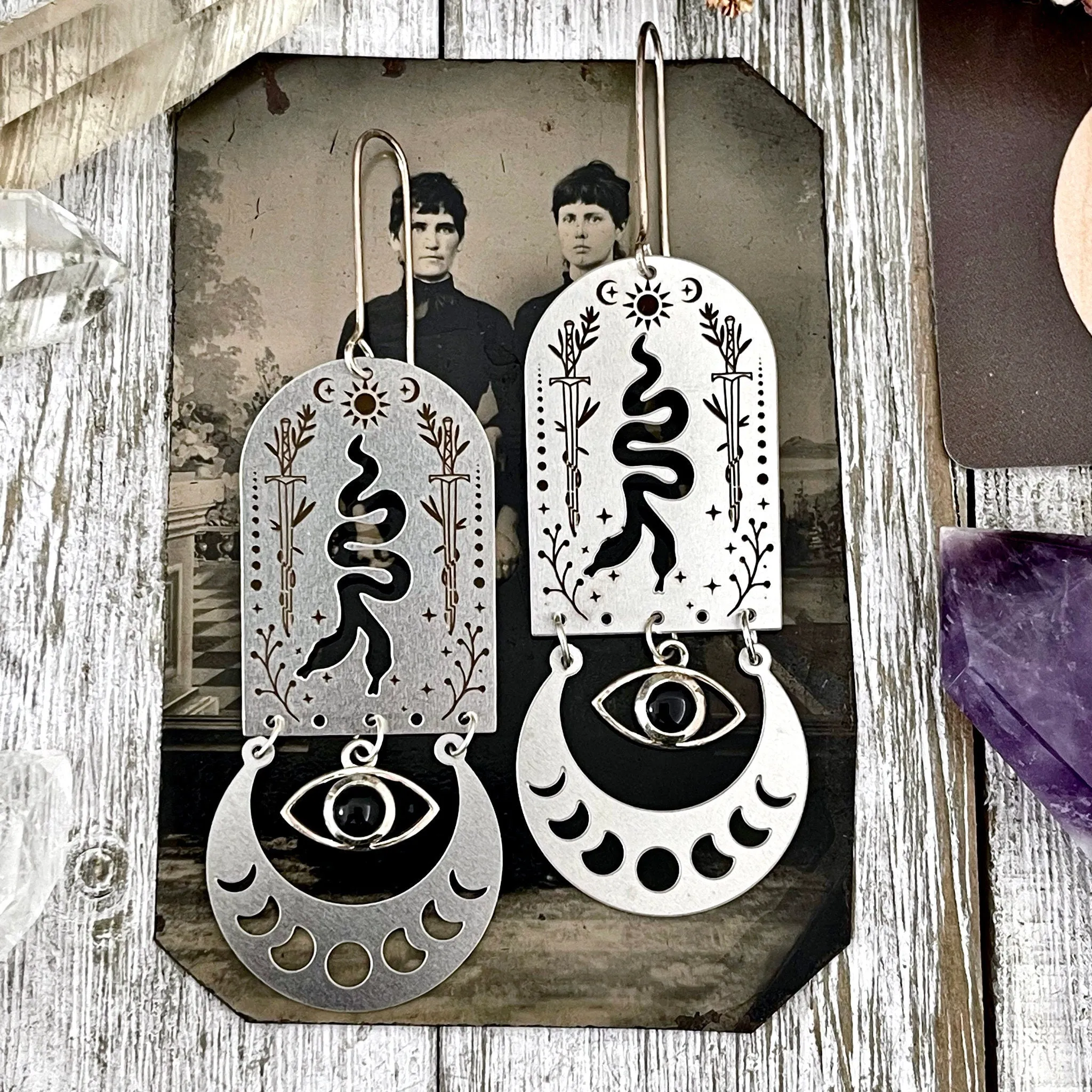 Gemini Snake Moon Sun Eye Black Agate Earrings Sterling Silver & Stainless Steel Earrings /