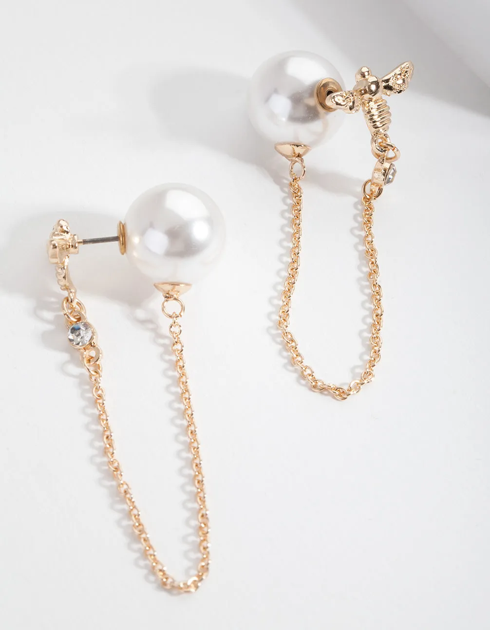 Gold Bee & Pearl Backing Drop Earrings