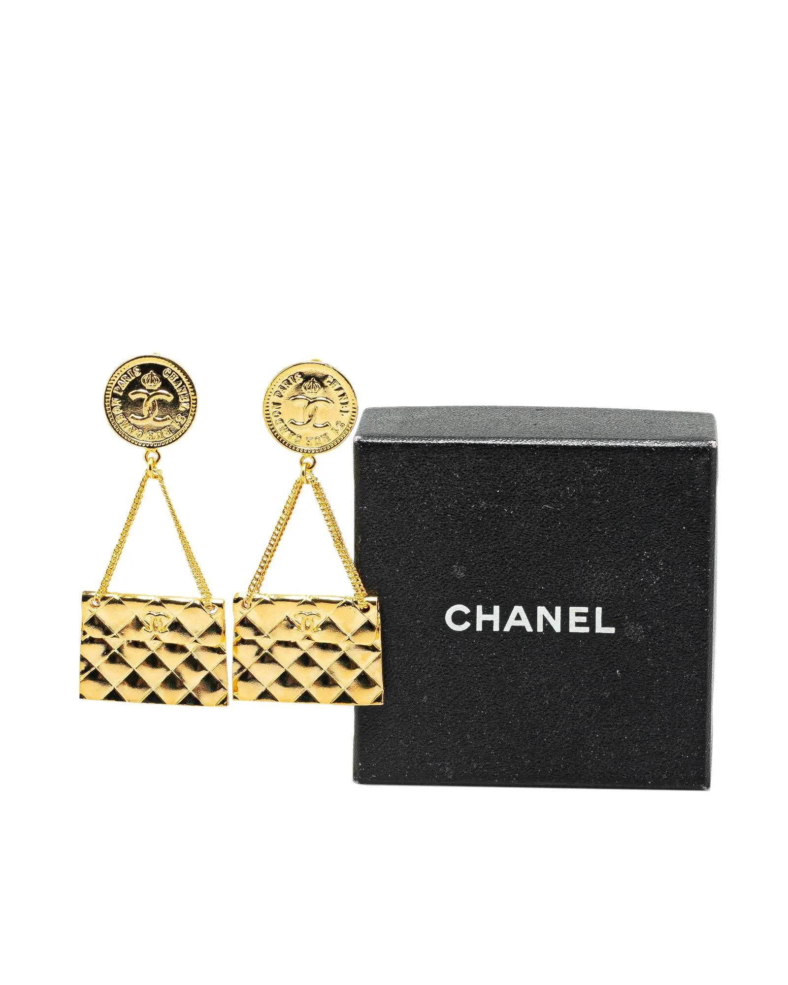 Gold Plated CC Flap Bag Clip On Earrings