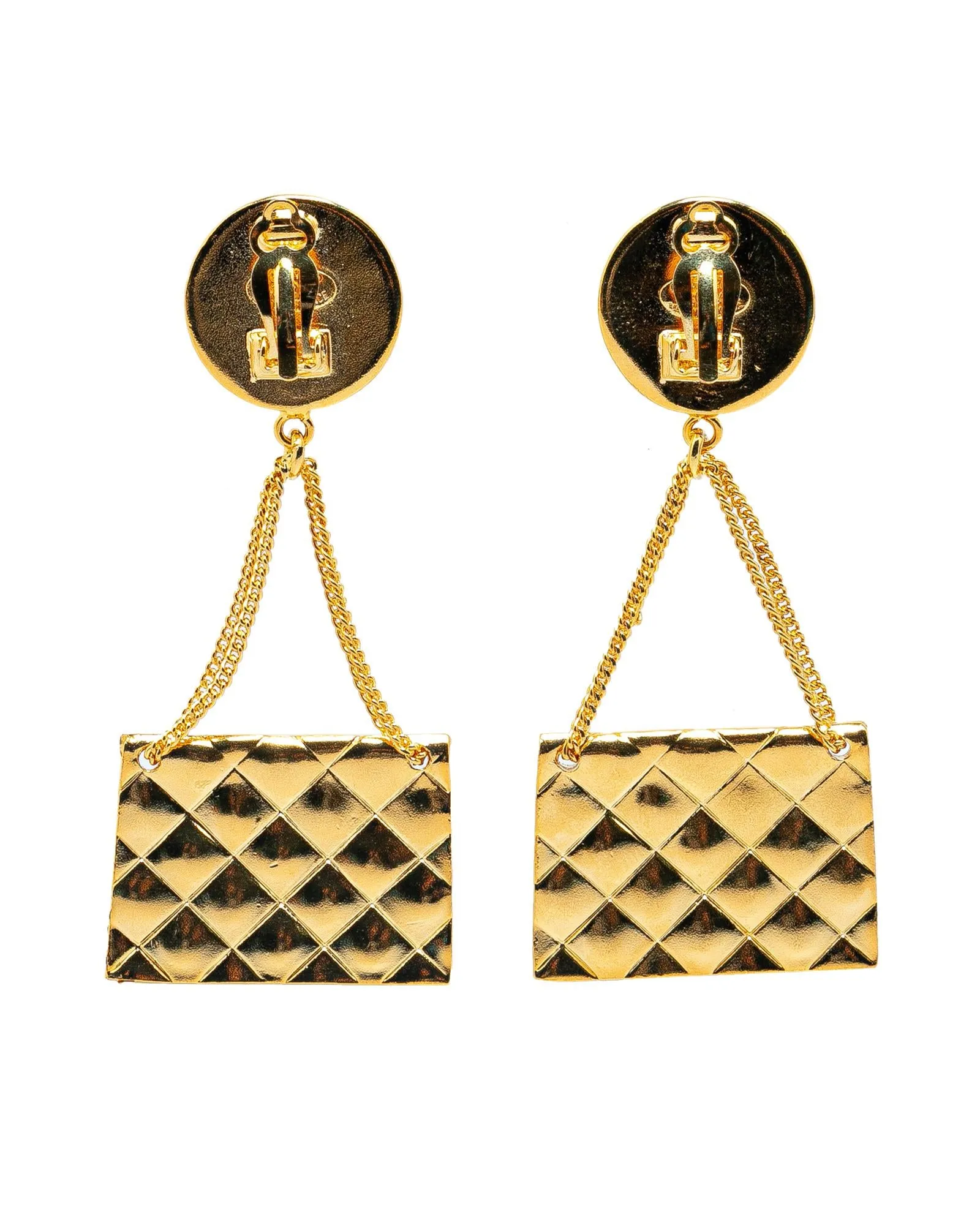 Gold Plated CC Flap Bag Clip On Earrings