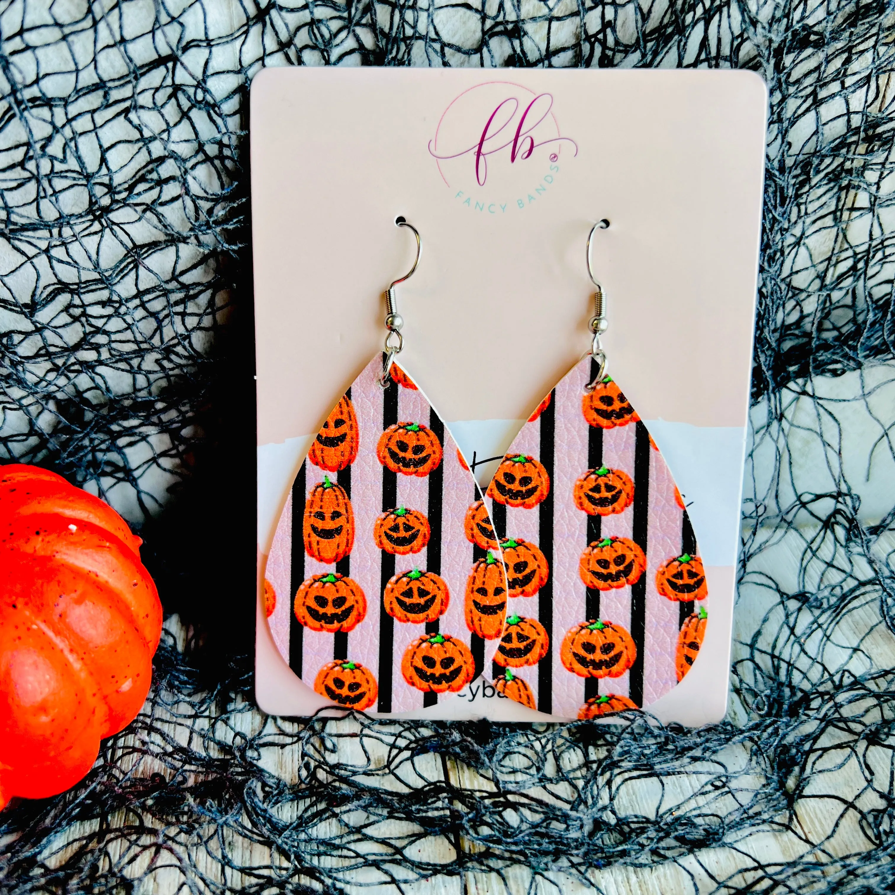 Happy Jack-O-Lantern Faux Leather Drop Ear Bling