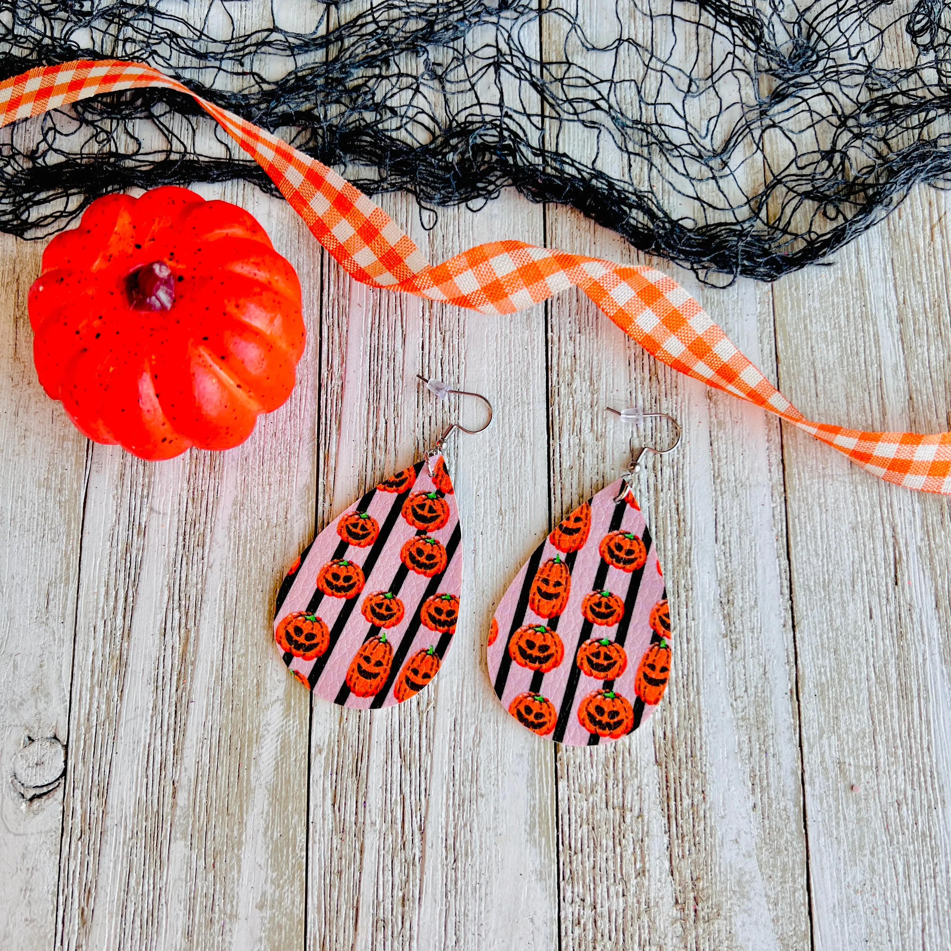 Happy Jack-O-Lantern Faux Leather Drop Ear Bling