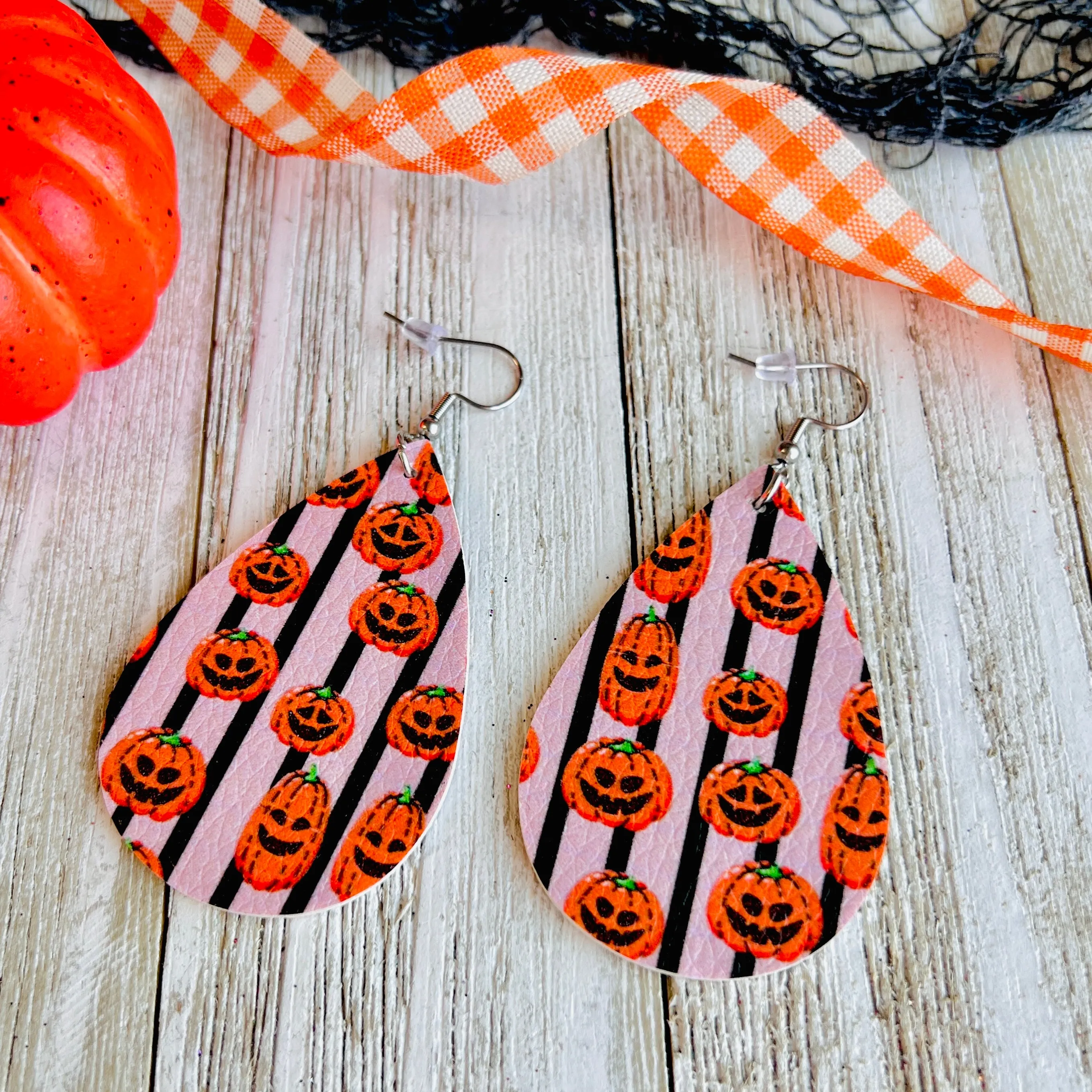 Happy Jack-O-Lantern Faux Leather Drop Ear Bling