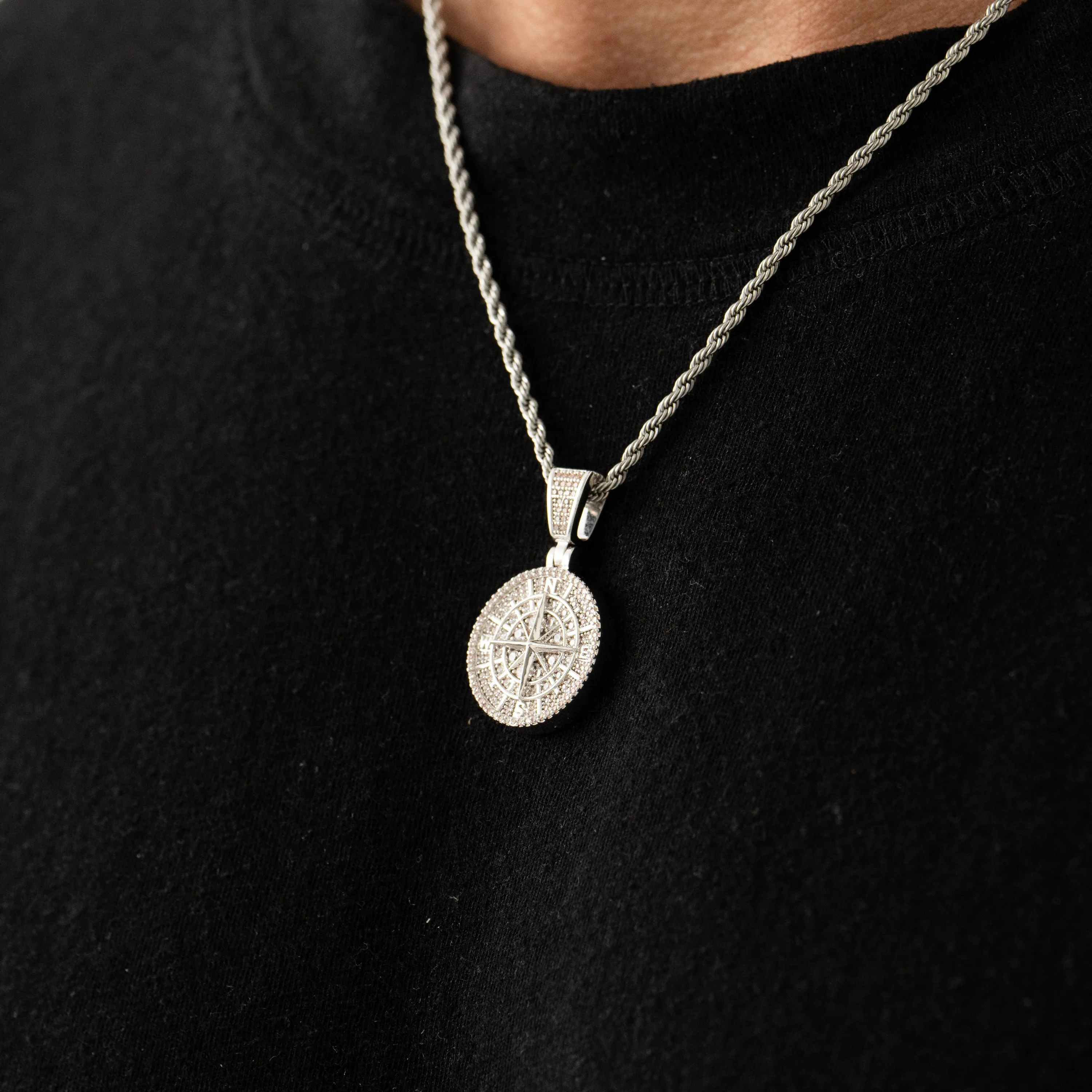 Iced Compass Pendant (Silver)