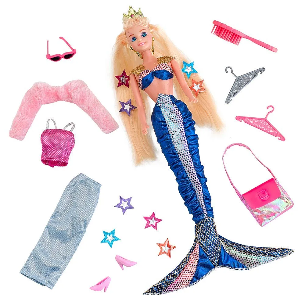 Kicko Mermaid Doll with Fashion Clothes and Princess Crown, Vivid Colors Set of Outfits