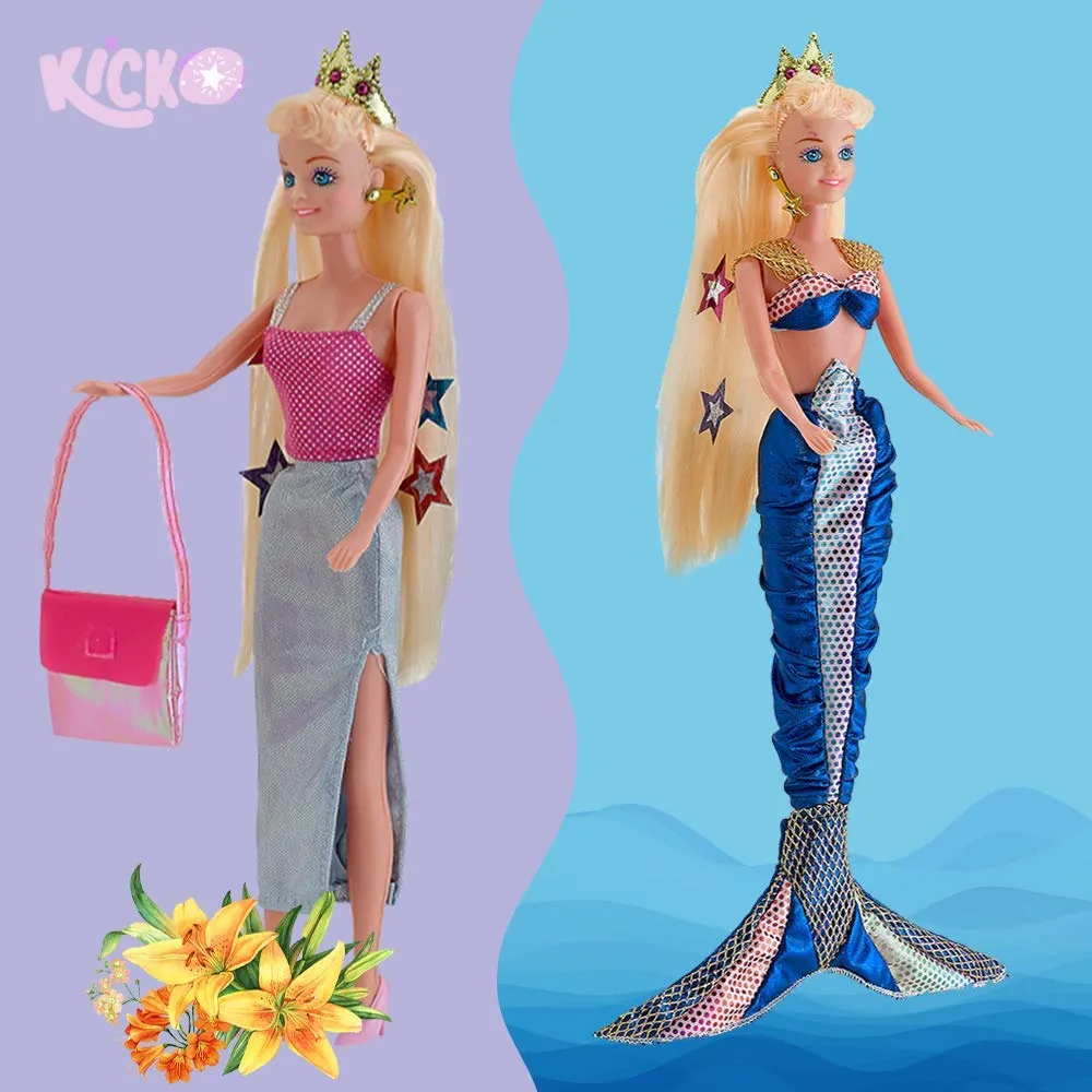 Kicko Mermaid Doll with Fashion Clothes and Princess Crown, Vivid Colors Set of Outfits