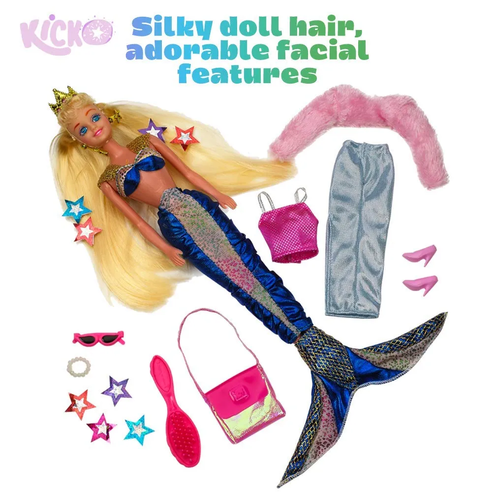 Kicko Mermaid Doll with Fashion Clothes and Princess Crown, Vivid Colors Set of Outfits