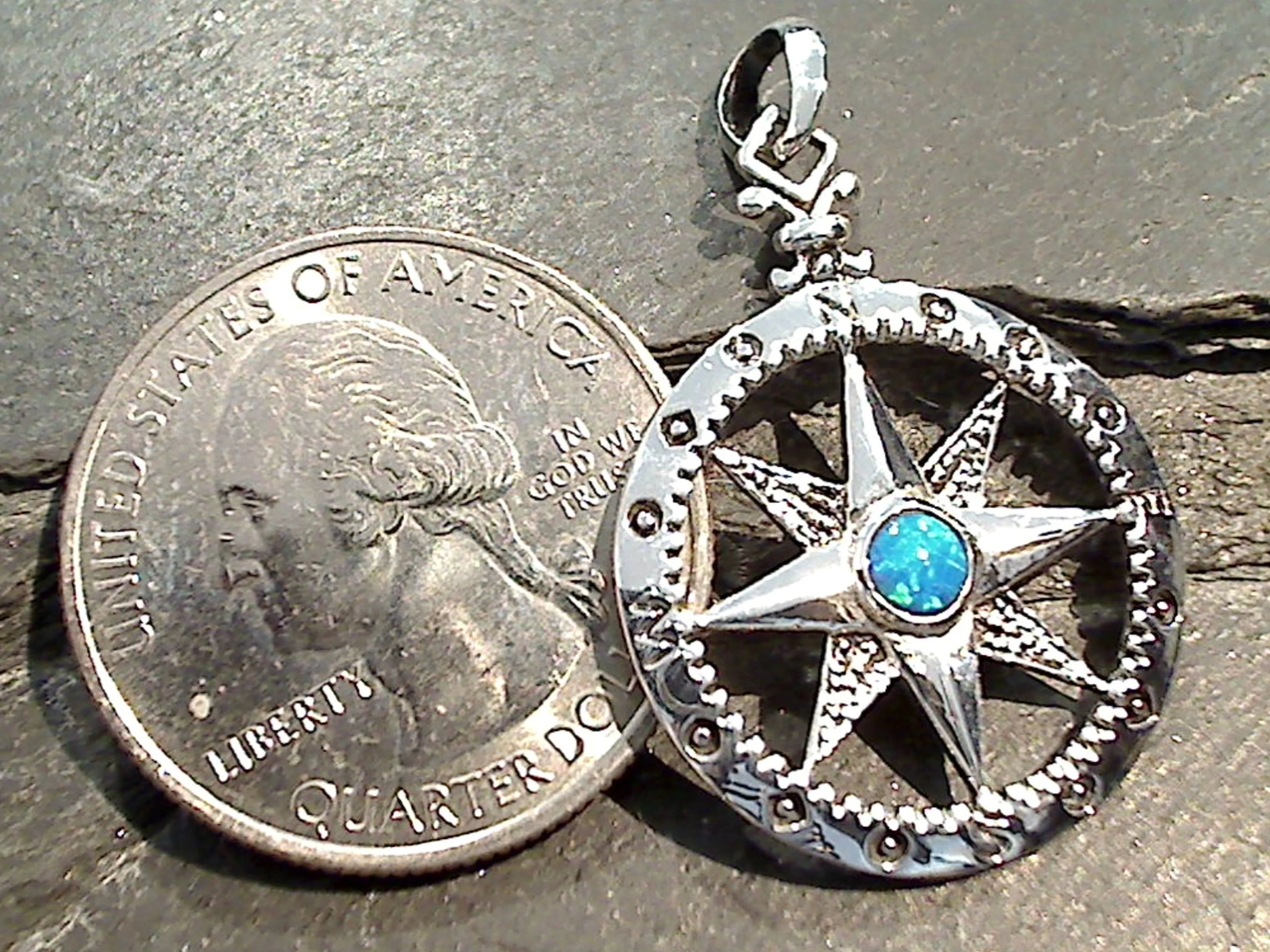 Lab Created Opal, Sterling Silver Compass Pendant