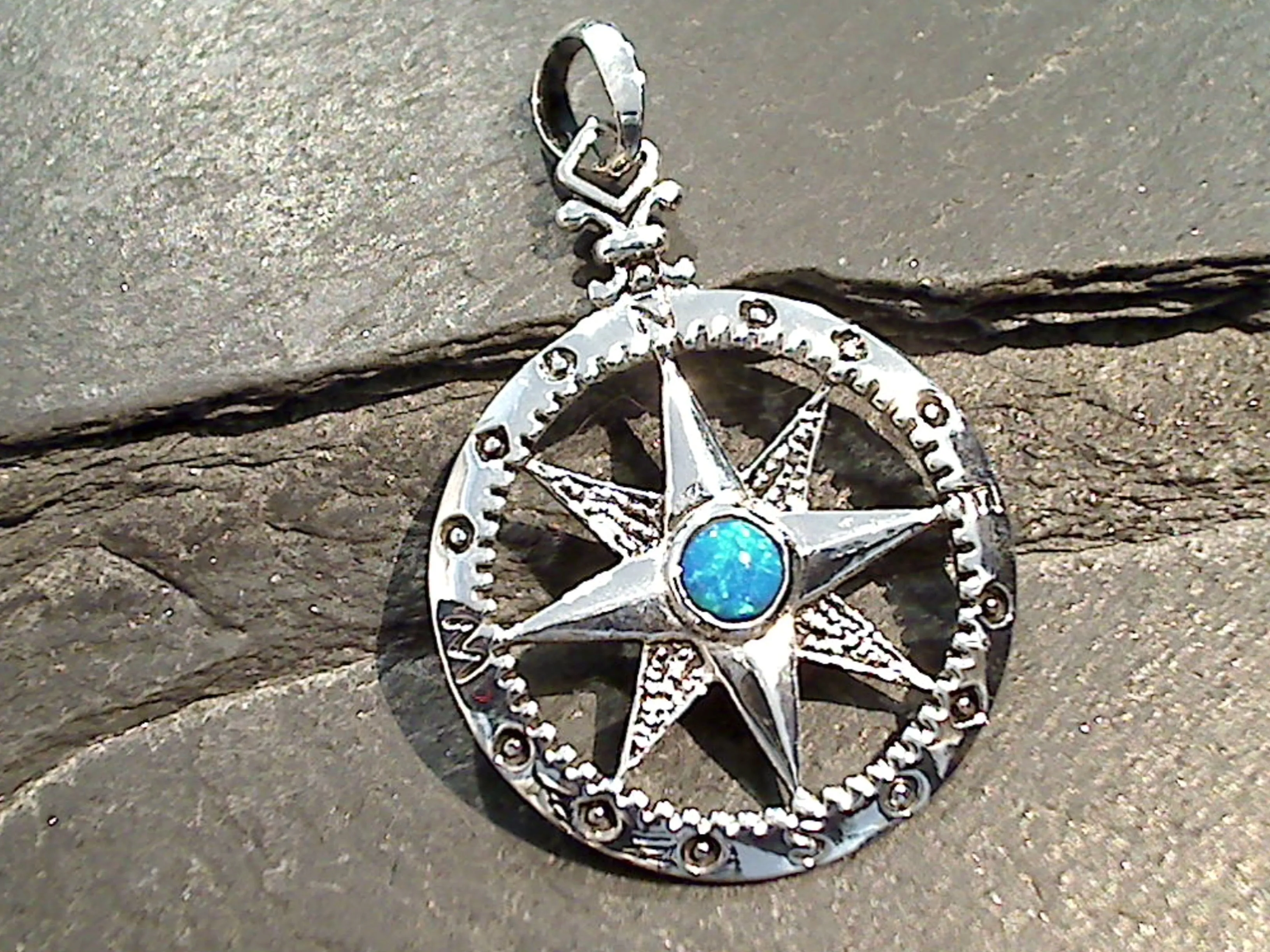 Lab Created Opal, Sterling Silver Compass Pendant