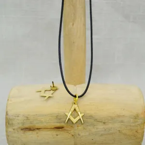 Master Mason Blue Lodge Necklace - Gold Plated Leather Chain Square & Compass Pendant