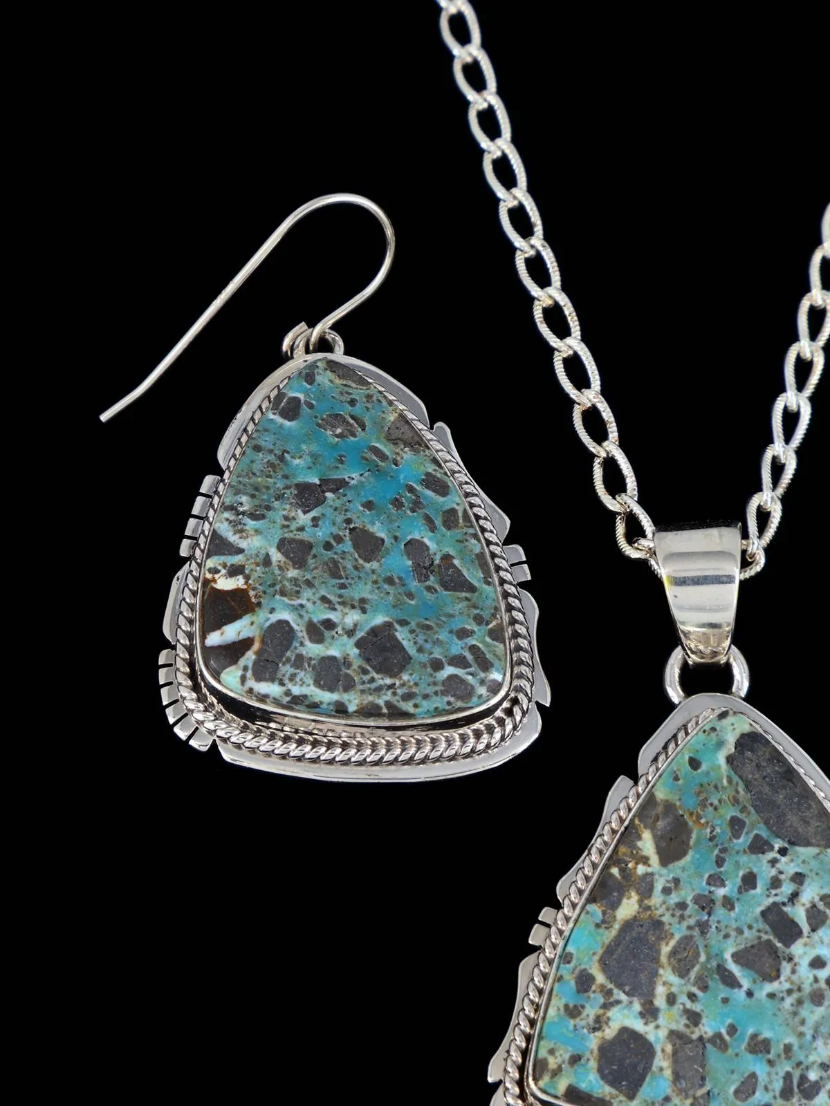 Native American Dry Creek Turquoise Sterling Silver Pendant and Earrings Set