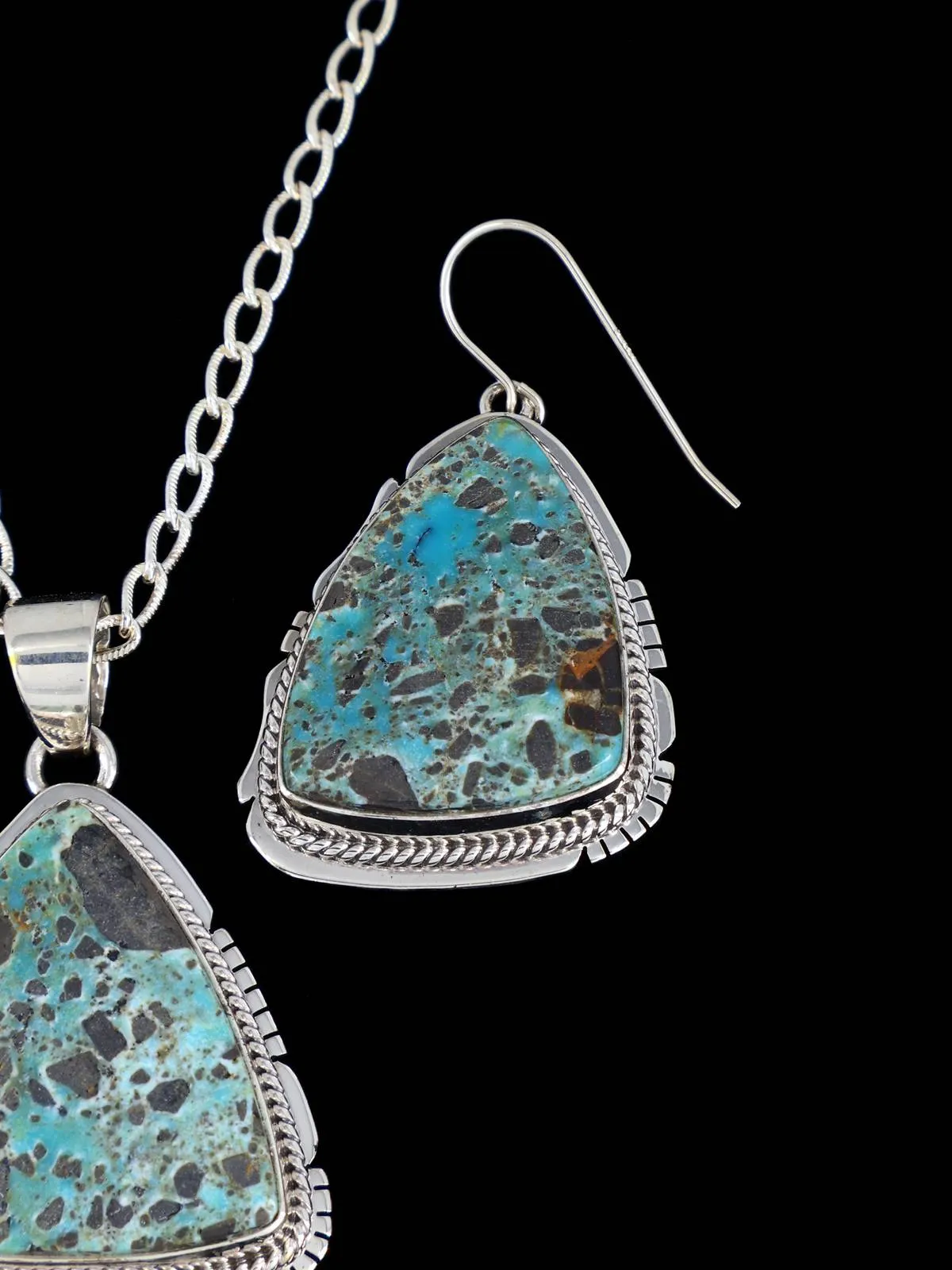 Native American Dry Creek Turquoise Sterling Silver Pendant and Earrings Set