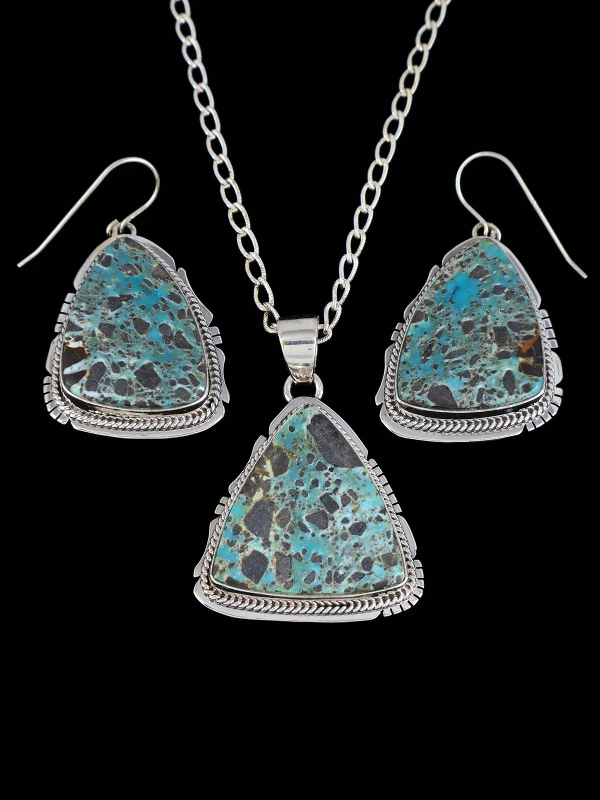 Native American Dry Creek Turquoise Sterling Silver Pendant and Earrings Set