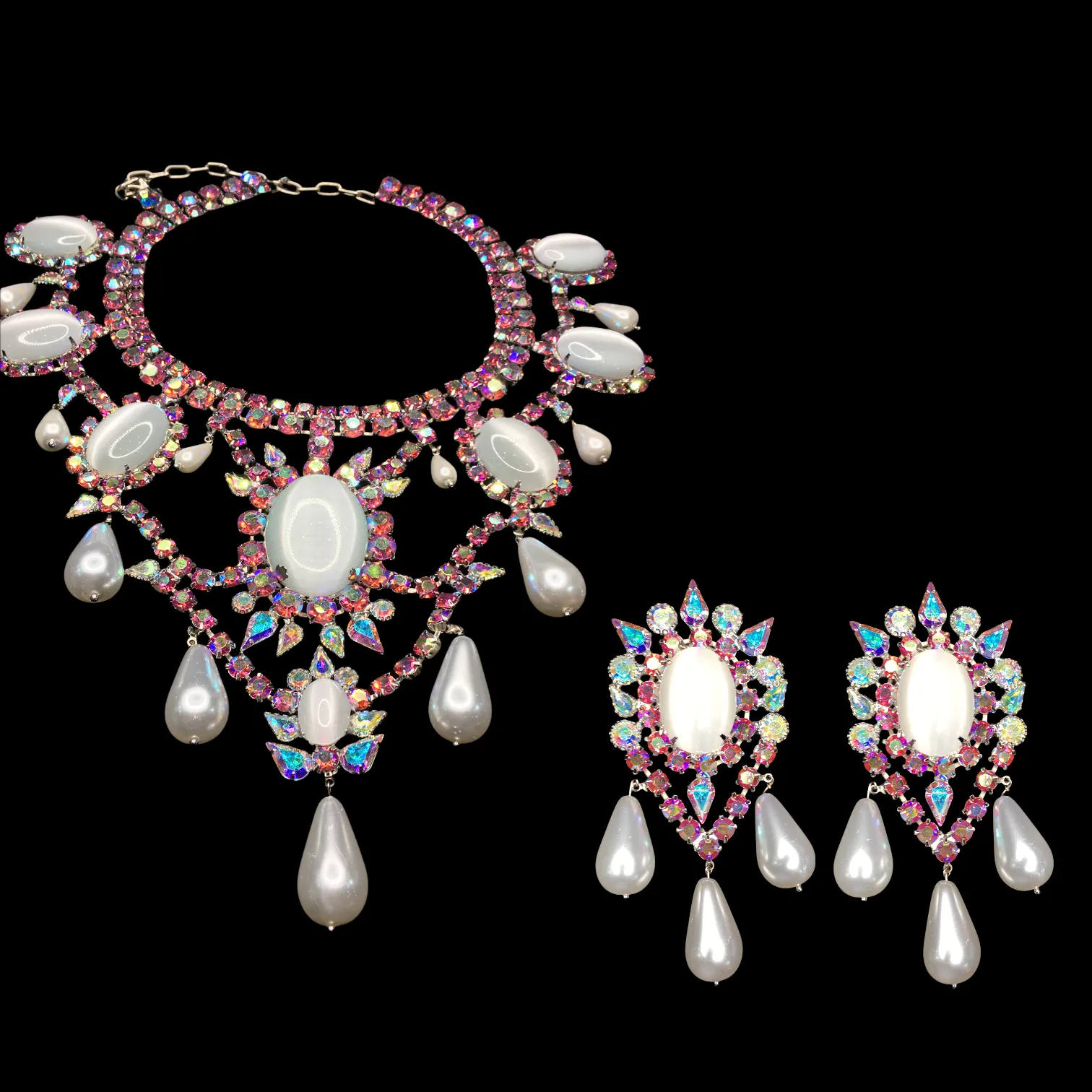 Necklace Large Regal Oval Pink and AB Crystals with Dangling Pearls