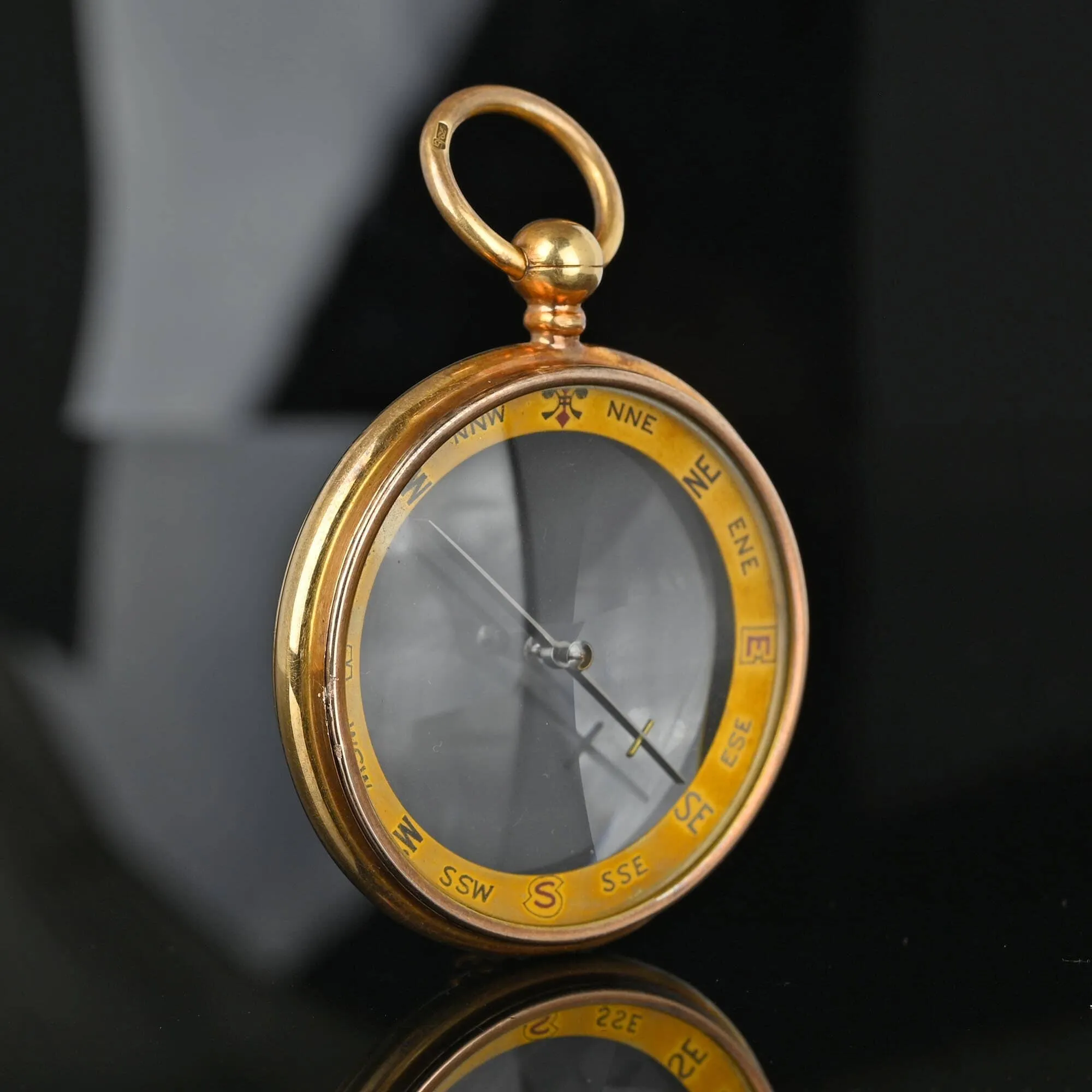 ON HOLD Large Antique 15K Gold Working Compass Fob Pendant w Case