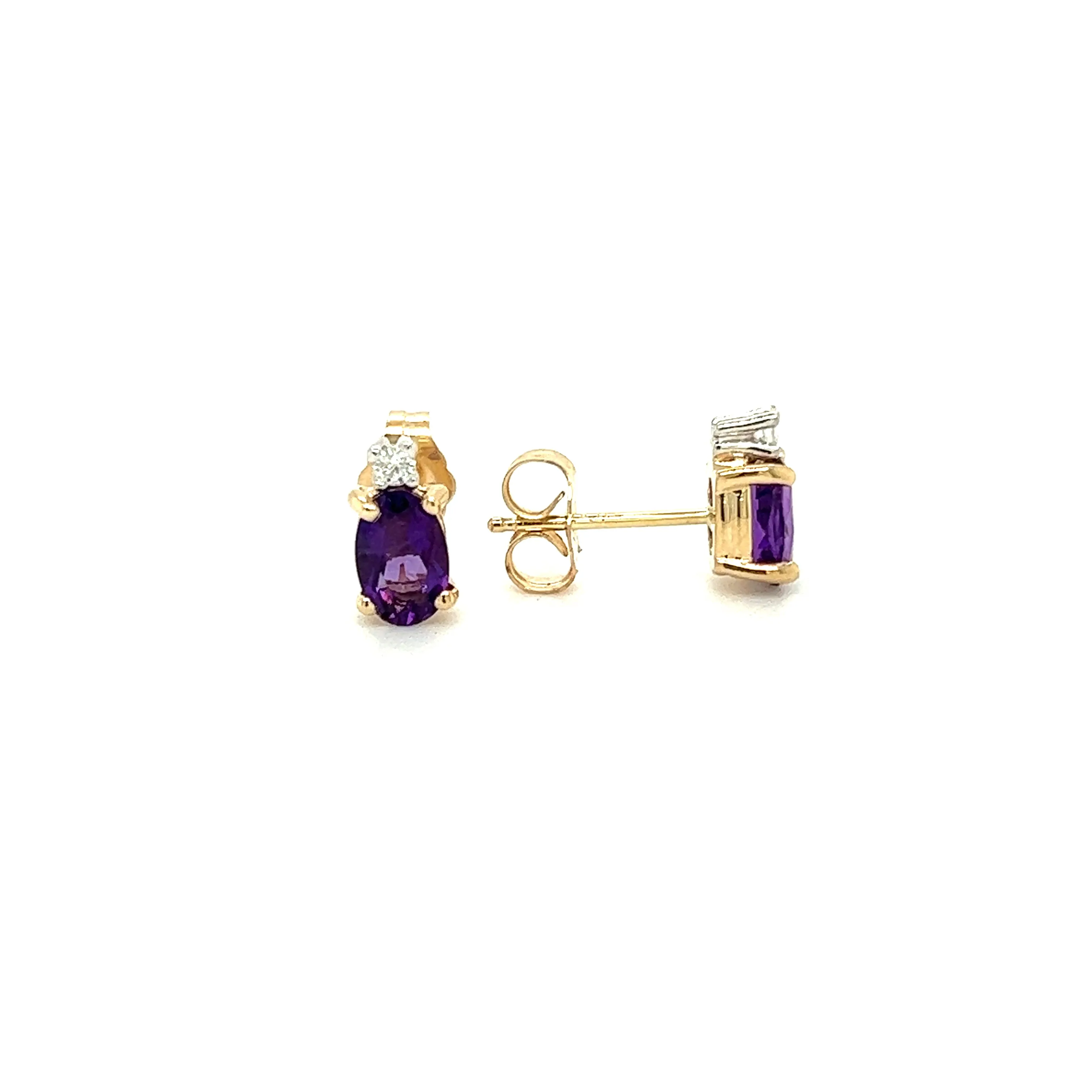 Oval Amethyst Stud Earrings with Accent Diamonds in 14K Yellow Gold