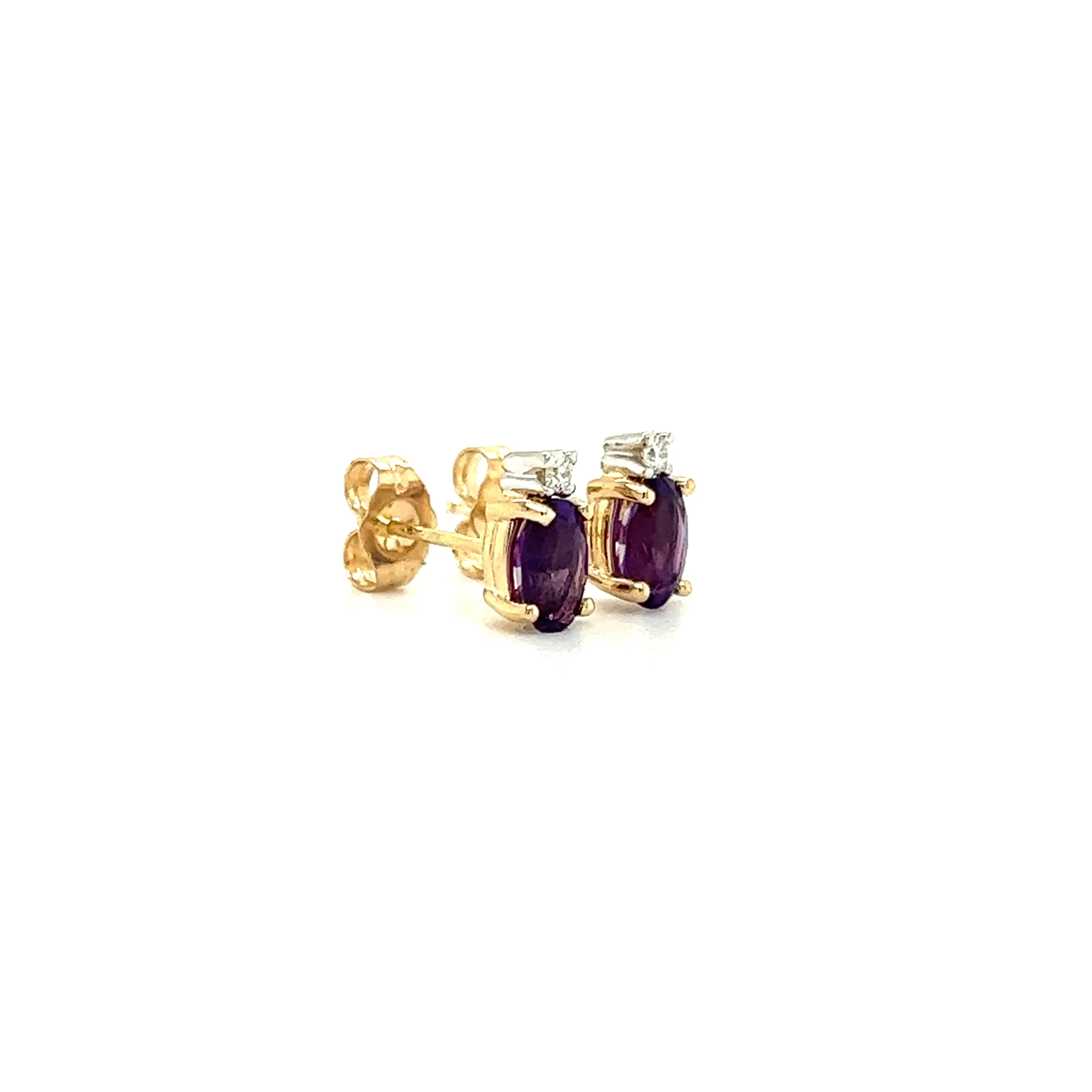 Oval Amethyst Stud Earrings with Accent Diamonds in 14K Yellow Gold