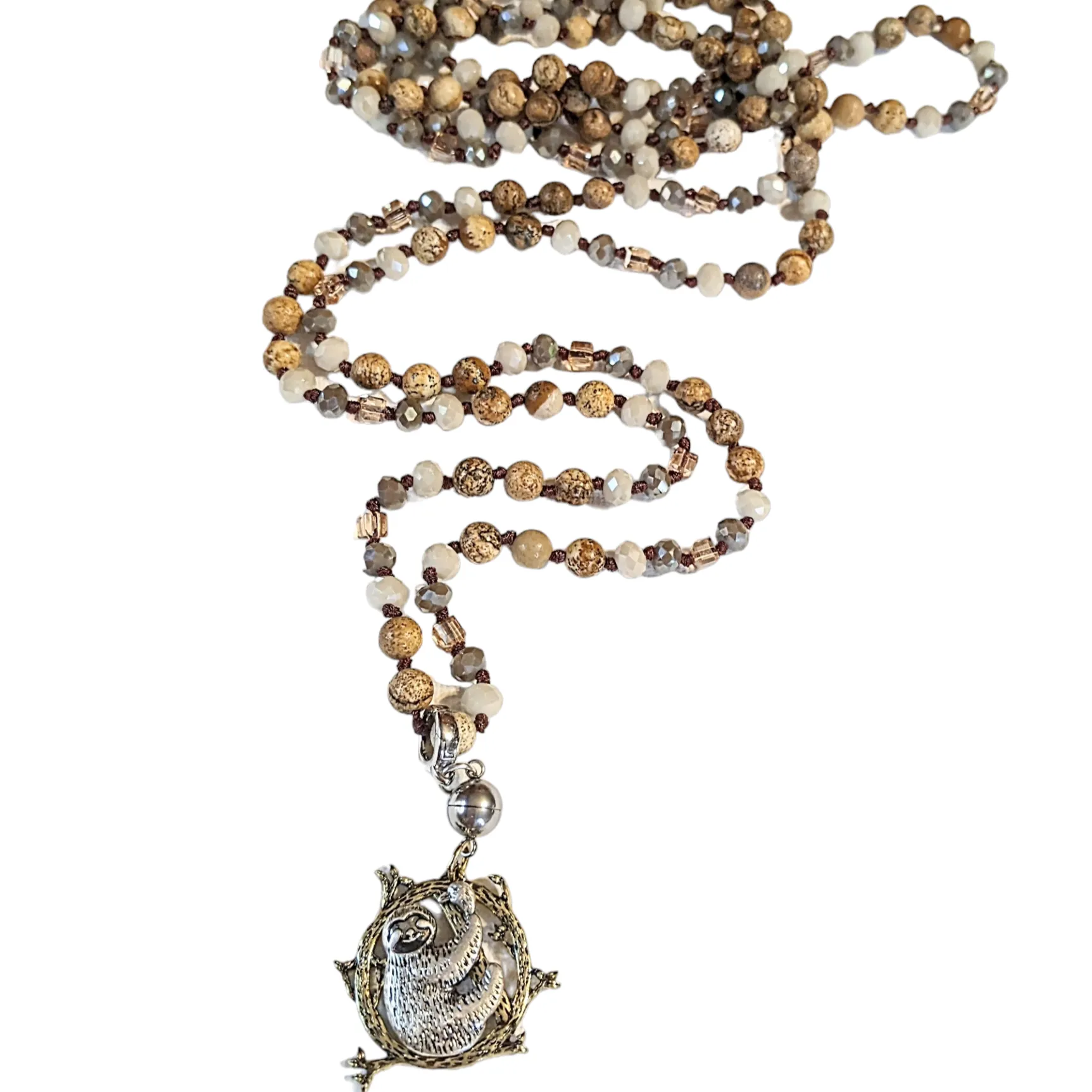 Picture Jasper Semi-Precious Gemstone Necklace with Pendants- 60 inch