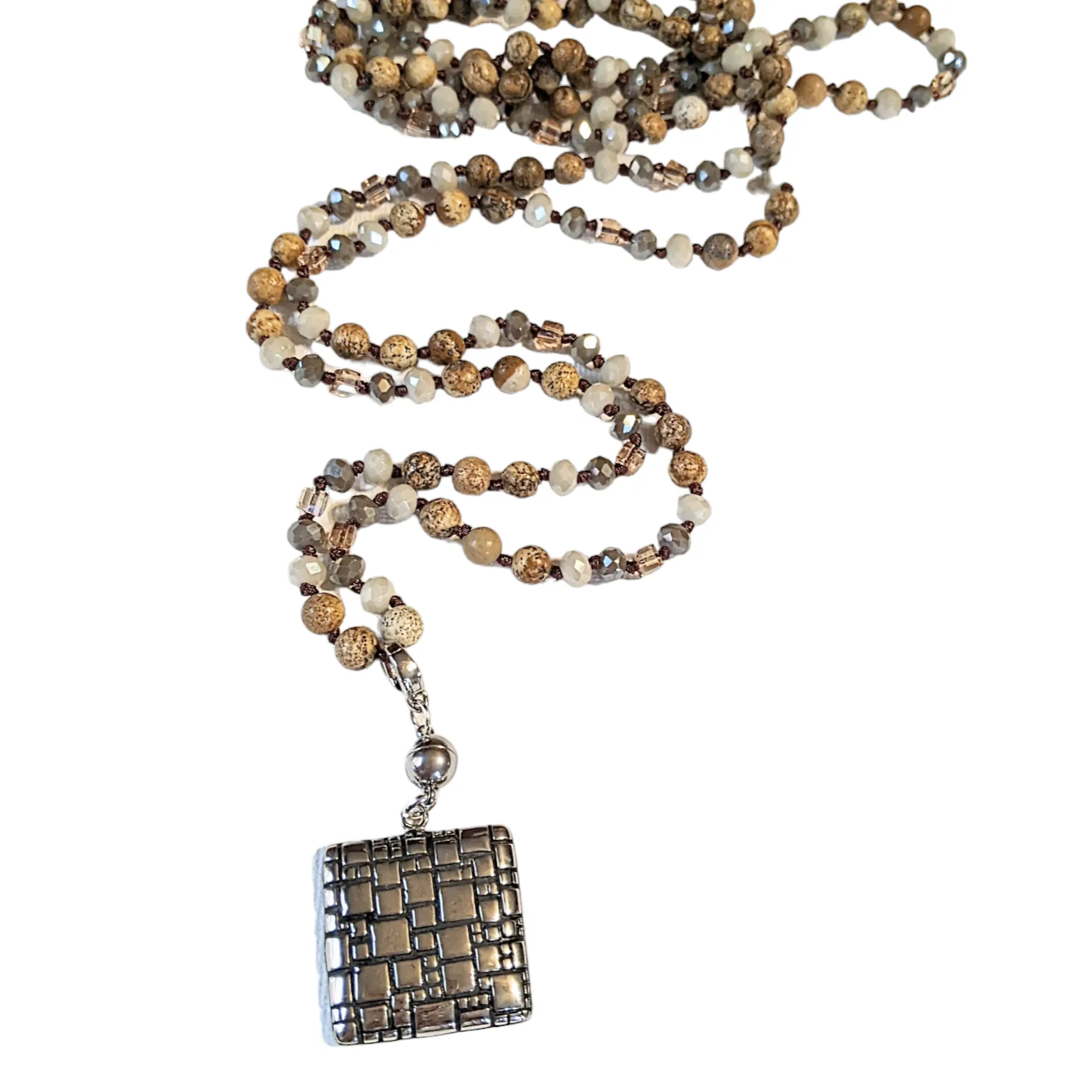 Picture Jasper Semi-Precious Gemstone Necklace with Pendants- 60 inch