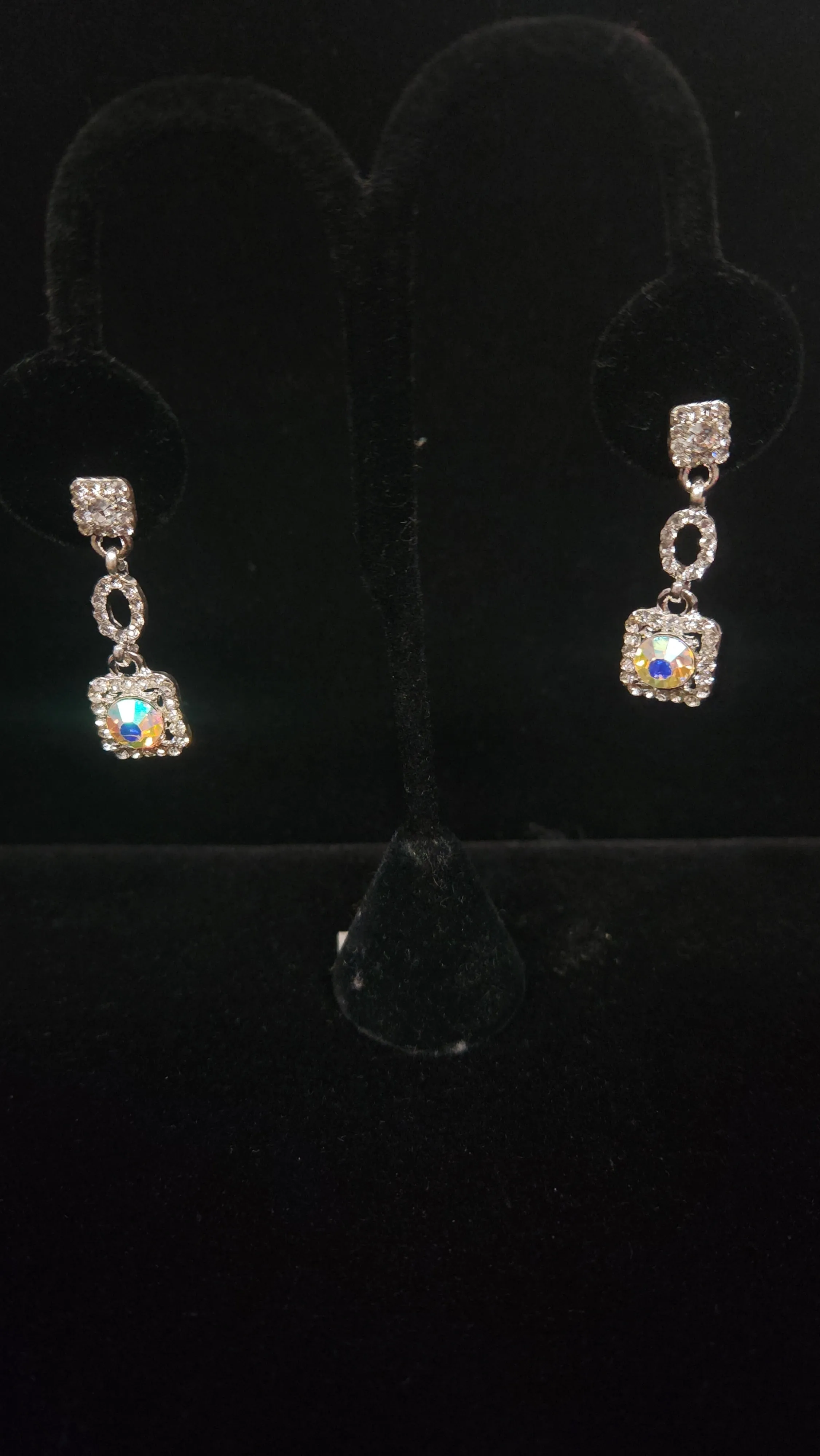 Rhinestone Drop Square Earrings with Center Color - 7 Colors