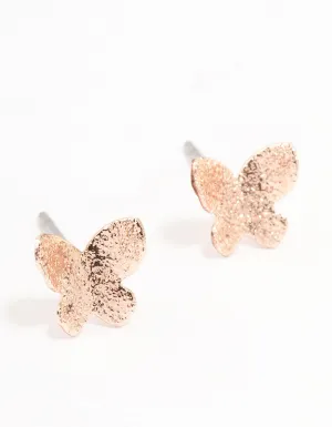 Rose Gold Sand Blast Butterfly Stud Earrings