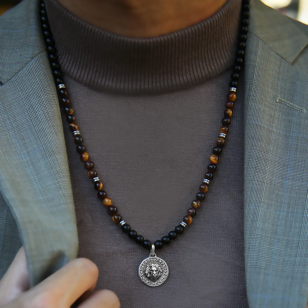 Silver Red Tiger Eye Beaded Necklace with Pendant