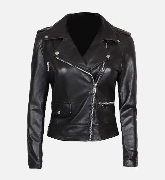 Women’s Asymmetrical Black Leather Biker Jacket